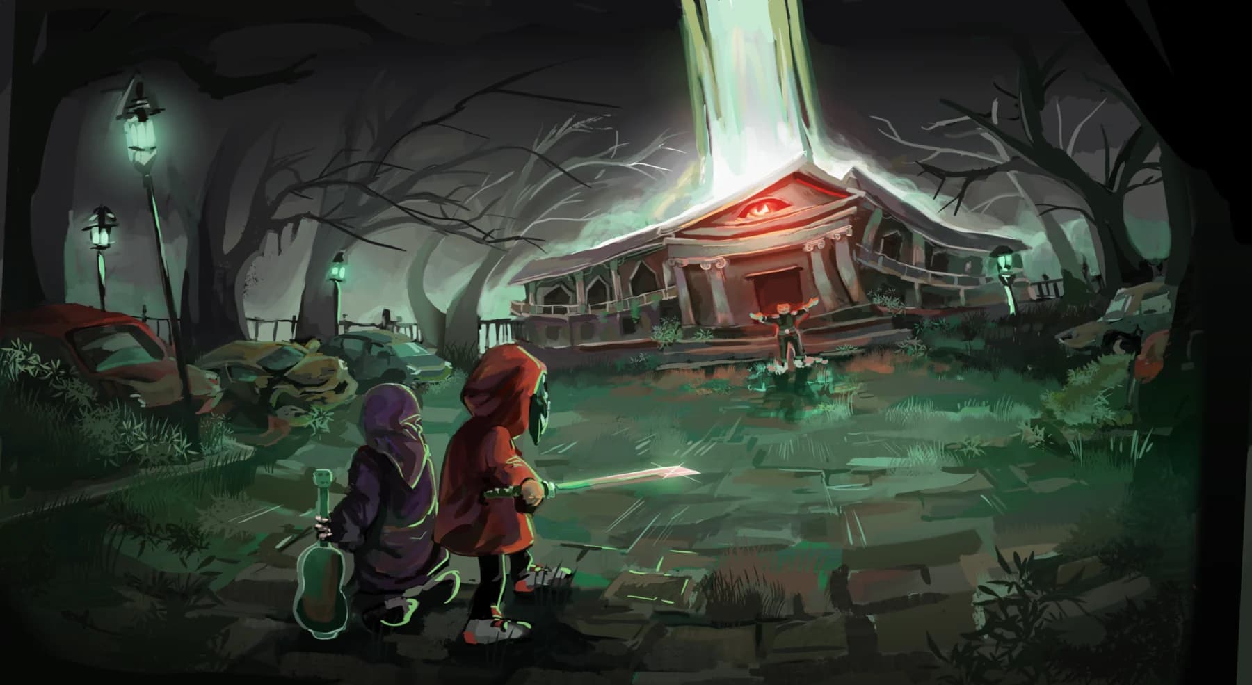 Haru and Spooky approach a haunted house.