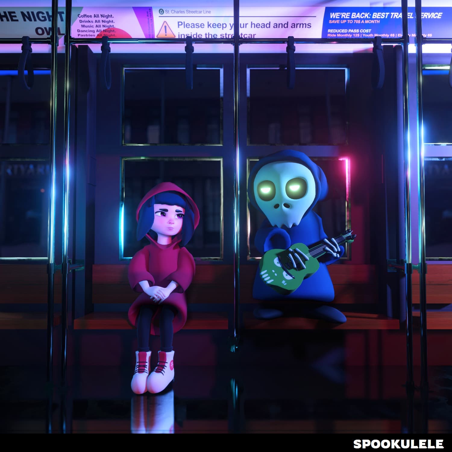 Haru and Spooky in the colorful world of SPOOKULELE.